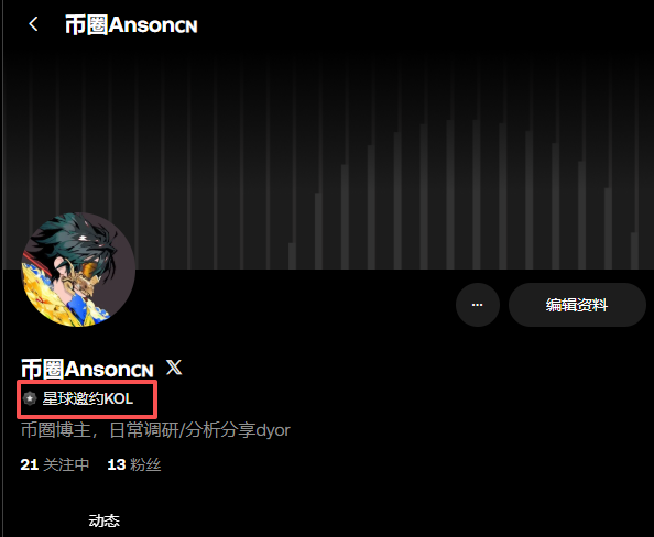 A dark-mode social media profile for '币圈Ansoncn' (X account) marked as '星球崛起约KOL', showing 21 following and 13 followers.