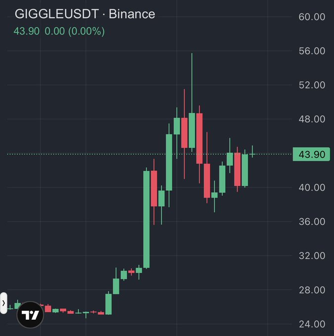 A TradingView candlestick chart for GIGGLEUSDT on Binance showing a price of 43.90 with a recent volatile upward trend.