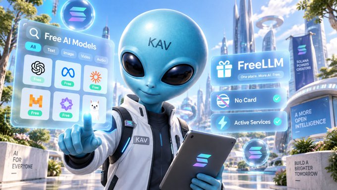 A futuristic 3D advertisement featuring a blue alien mascot labeled 'KAV' holding a tablet, showcasing 'Free AI Models' and 'FreeLLM' services with text highlighting 'No Card' and 'Active Services' benefits.
