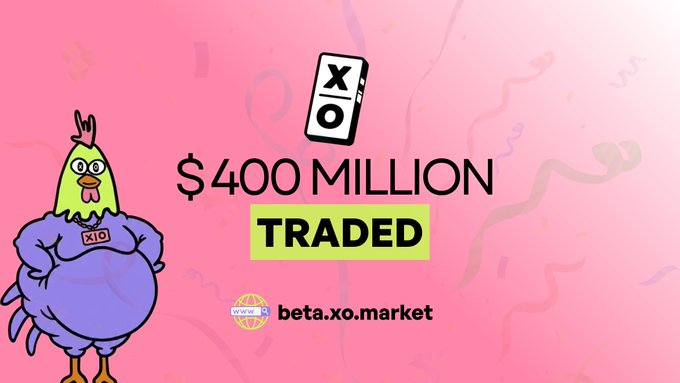 The image features an advertisement for a new trading service called XO Market. The main element of the advertisement is a cartoon chicken standing next to a cell phone, with the text "XO Market just crossed $400M in trading volume" displayed beneath them. In addition to this, there are two other small illustrations: one showing a person creating markets and another featuring a group of people supporting this new service. The overall theme of the advertisement is related to markets and the trading industry, with a touch of humor from the cartoon chicken character.