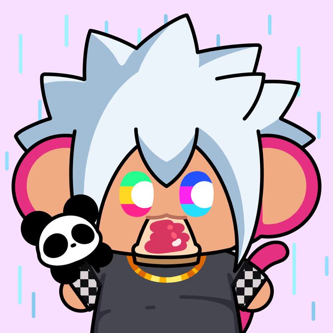 A cartoon-style character with white spiky hair, pink mouse ears, and colorful eyes, holding a small panda plushie in the rain against a pink background.