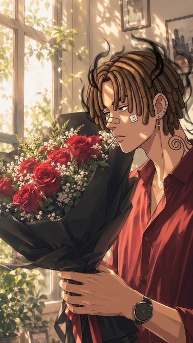 An anime-style illustration of a person with dreadlocks and a band-aid on their nose, wearing a red shirt and holding a bouquet of red roses near a sunlit window.