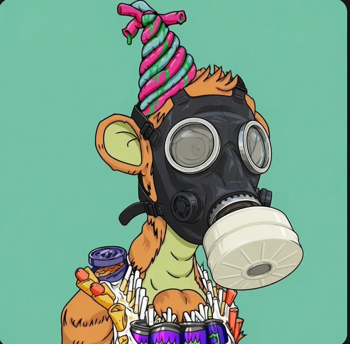 A cartoon-style illustration of a monkey-like character wearing a gas mask and a pink and green swirled party hat, holding food items including a slice of pizza and french fries against a teal background.