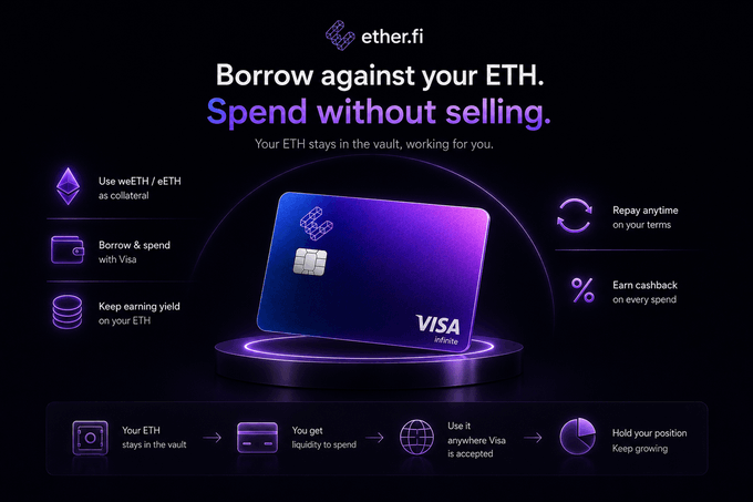 An advertisement for ether.fi shows a purple Visa Infinite card with the headline 'Borrow against your ETH. Spend without selling.', promoting features like using wETH as collateral and earning cashback.