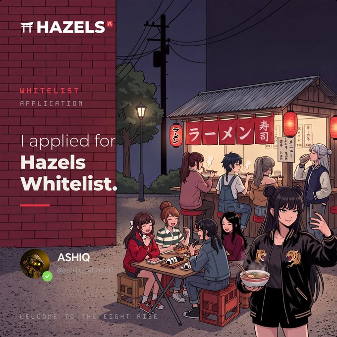 An anime-style illustration promoting a 'Hazels Whitelist' application, showing characters gathered at a ramen stall with Japanese signage including 'ラーメン' and '寿司'.