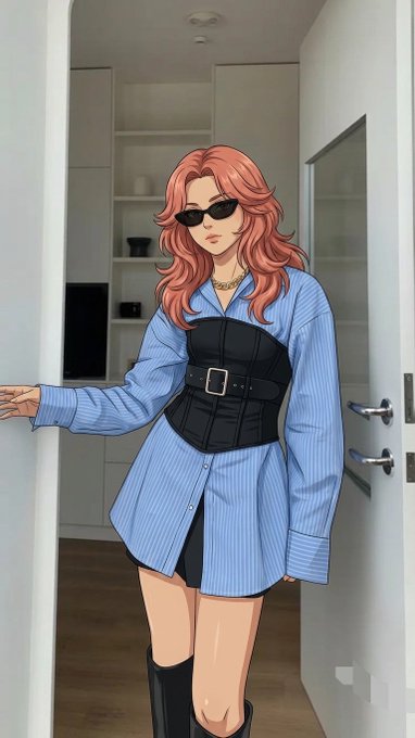 An illustrated portrait of a stylish woman with pink hair and sunglasses, wearing an oversized blue striped shirt with a black corset belt, leaning against a doorframe.