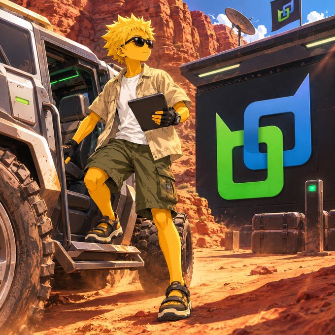 A spiky‑haired, sunglasses‑clad character steps out of a rugged off‑road vehicle onto a dusty desert runway, with a large green‑and‑blue interlocking logo displayed on a nearby structure.