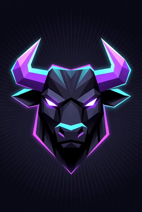 A geometric low-poly bull head logo with glowing purple and cyan neon accents on a dark background with radial lines.