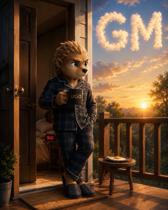 An anthropomorphic lion wearing plaid pajamas stands on a balcony holding a mug labeled 'UGO', with the name 'UGO' spelled out in clouds against a sunset sky.