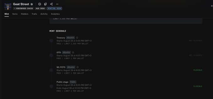 The image shows a Rarity.to mint page for "Goat Street" token on Rodeodown Chain, displaying a mint schedule with Treasury, GTD, WL FCFS, and Public Stage phases showing ELIGIBLE status for the connected wallet. This relates to the user's complaint about having to repeatedly check and verify that their wallet addresses were correctly added to both GTD (Guaranteed) and FCFS (First Come First Served) mint spots by CashmereLabs.