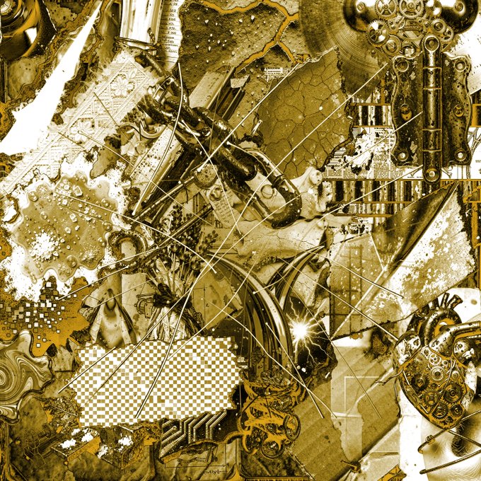 A chaotic, sepia-toned digital artwork featuring mechanical parts, flowing abstract textures, and the visible text "RI" among the collage of intricate elements.

The intricate, handcrafted nature of this digital artwork—with its layered mechanical details and abstract textures—underscores the creator's disappointment and emotional investment, as they spent "many hours" on this piece only for it to be exploited by bots.