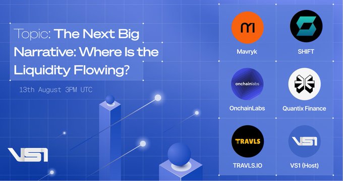 The image is a promotional graphic for a Twitter Space titled "The Next Big Narrative: Where Is the Liquidity Flowing?" scheduled for August 13th at 3PM UTC, hosted by VS1 (VS1 (Host)) with featured speakers including Mavryk, SHIFT, OnchainLabs (OnchaininLabs), Quantix Finance, and TRAVLS.IO. The design features a blue background with geometric bar chart elements, and it visually supports the post's announcement about Quantix Finance joining VS1 Finance alongside other DeFi and RWA leaders to discuss liquidity trends.