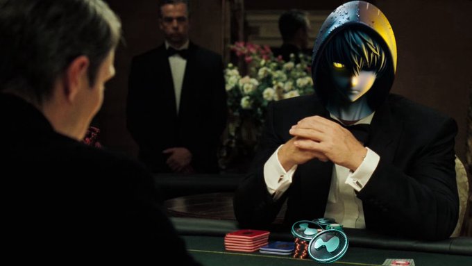 A digitally edited image shows an anime-style character with glowing yellow eyes wearing a black hoodie and suit jacket, sitting at a casino poker table with chips and cards, facing another player.