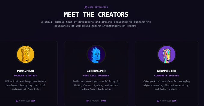 A 'MEET THE CREATORS' page introducing the core developers of a Hedera-based project, featuring PUNK_HBAR (Founder & Artist), CYBERVIPER (Core Lead Engineer), and NEONMELTER (Community Builder), each with an 'X PROFILE: SOON' note.