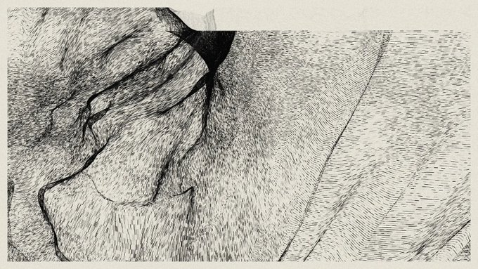 A detailed black and white pen/ink sketch depicting abstract figures with dense cross-hatching textures.