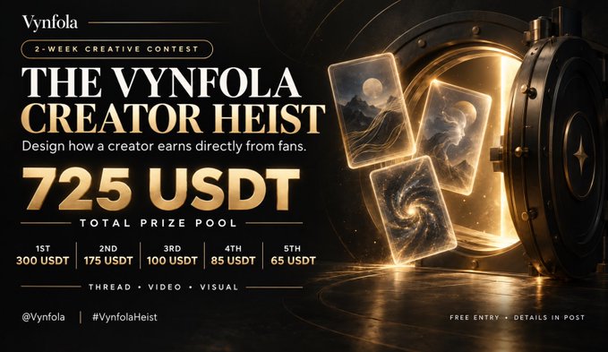 A promotional graphic for the "Vynfola Creator Heist" — a 2-week creative contest with a 725 USDT prize pool, awarding 300 USDT to 1st place, 175 USDT to 2nd, 100 USDT to 3rd, 85 USDT to 4th, and 65 USDT to 5th place. The image features a golden vault with glowing creator cards floating out, with categories for Thread, Video, and Visual entries, and instructions to follow @Vynfola for free entry.