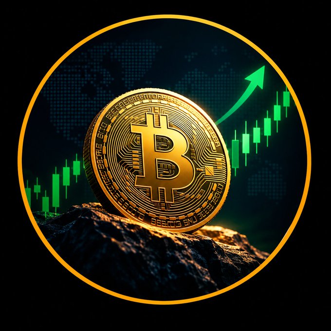 A digital illustration of a gold Bitcoin coin resting on a rock, with a rising green candlestick chart and upward arrow on a world map background.