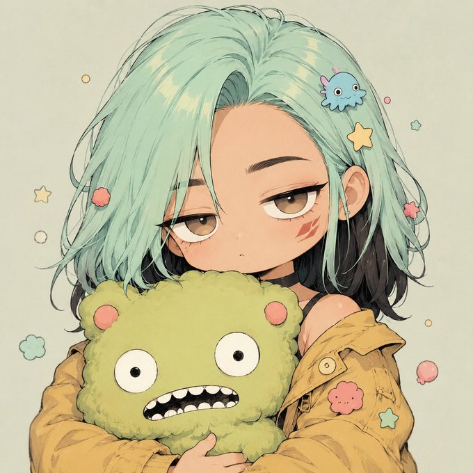 An anime-style illustration features a girl with teal hair holding a green fluffy monster plushie, decorated with a small blue octopus and star accents.
