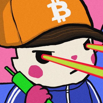 A cartoon character wearing an orange Bitcoin (₿) cap stares intensely with red laser-beam eyes while wielding a green syringe-like tool, fitting the post's crypto-fueled meme about accumulating rare "Chog" NFTs for future "genital wealth." The character's aggressive, laser-eyed expression and Bitcoin-branded attire visually embody the post's bullish, speculative thesis on collecting limited Chog NFTs.