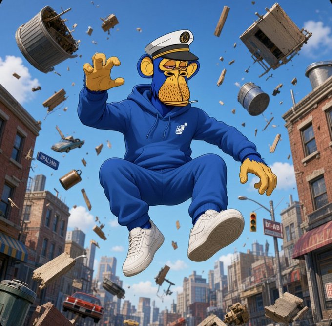 A digital illustration of a large blue monkey character wearing a sailor hat, blue tracksuit, and white sneakers, appearing to jump or float above a city street with debris and buildings flying around it.