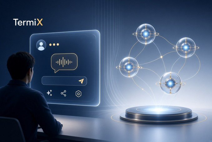 A digital illustration showing a person viewing a holographic chat interface with audio waveforms, while glowing orbs connected by lines float above a circular platform, labeled 'TermiX'.