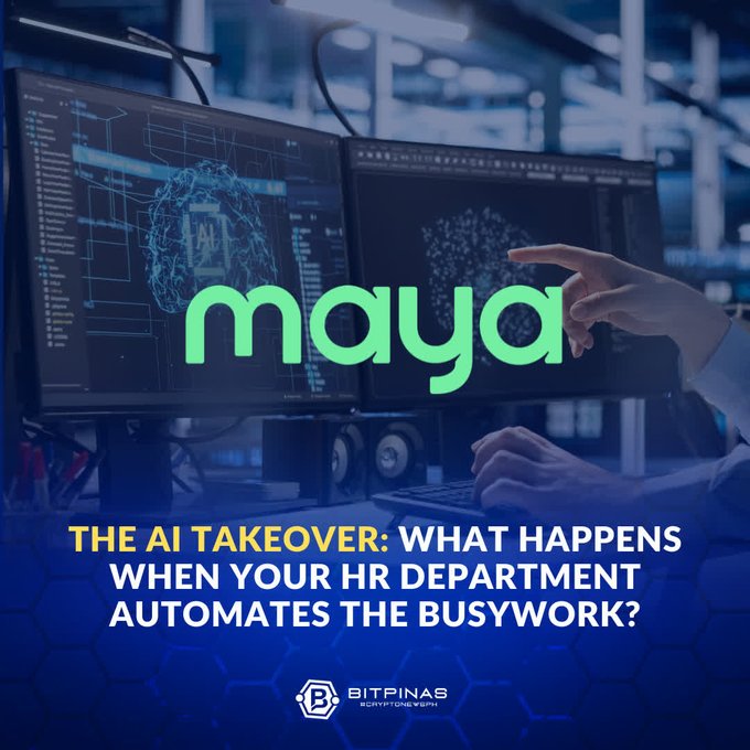 A graphic for Maya featuring the text 'THE AI TAKEOVER: WHAT HAPPENS WHEN YOUR HR DEPARTMENT AUTOMATES THE BUSYWORK?' over a background image of a person working with AI brain interfaces on computer monitors.