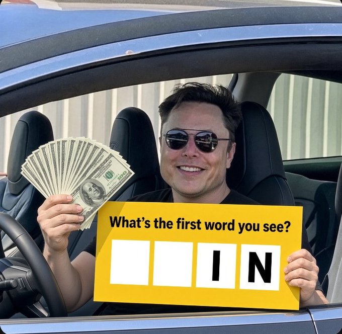 Elon Musk sits in a car holding a fan of cash in one hand and a yellow sign reading "What's the first word you see?" displaying the letters "IN" with two blank squares.