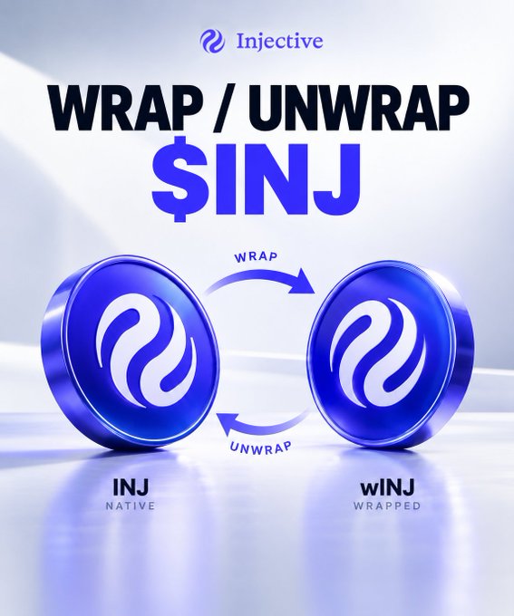 A promotional graphic for Injective showing two large blue coins with arrows indicating a conversion between 'INJ NATIVE' and 'wINJ WRAPPED', under the heading 'WRAP / UNWRAP $INJ'.