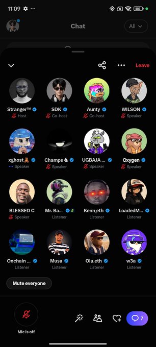A live chat room interface on a mobile app showing multiple speaker avatars with usernames such as 'Stranger', 'SDK', and 'Aunty'.