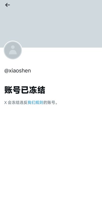 The image shows a frozen account notice for the X account "@xiaoshen," with the Chinese text "账号已冻结" (Account Frozen) displayed prominently. This corresponds to the post's mention of Wang Xiaoshen being one of the top traffic accounts in the Chinese district whose account has been frozen for violating platform rules.