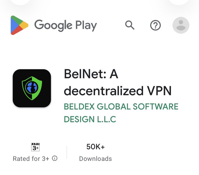 Screenshot of the Google Play Store listing for the BelNet app, a decentralized VPN by Beldex Global Software Design L.L.C, with 50K+ downloads and rated for 3+.