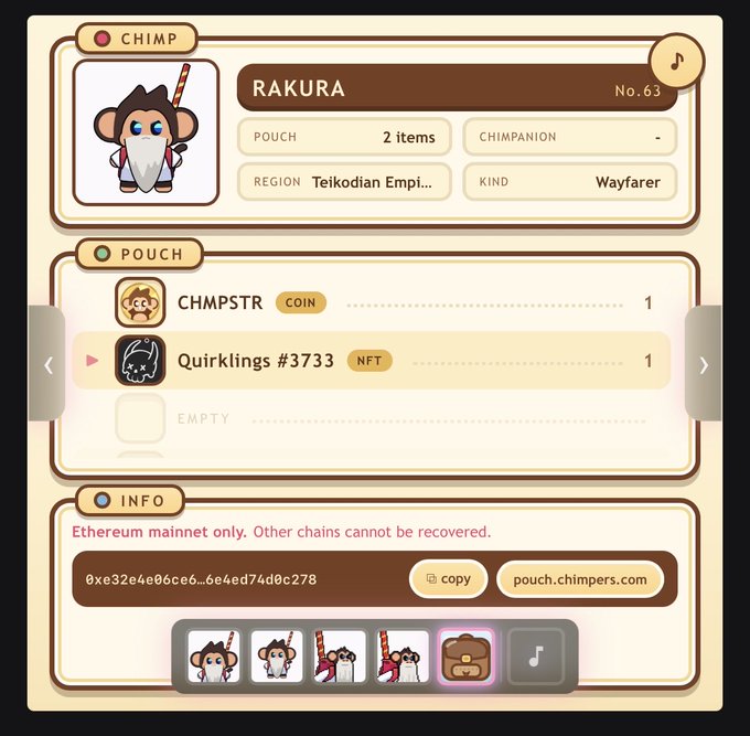 A screenshot of a Chimpers NFT profile page for a character named 'RAKURA' (No.63), a Wayfarer from the Teikodian Empire region, showing a pouch with CHIMPSTR and Quirklings #3733 NFT.