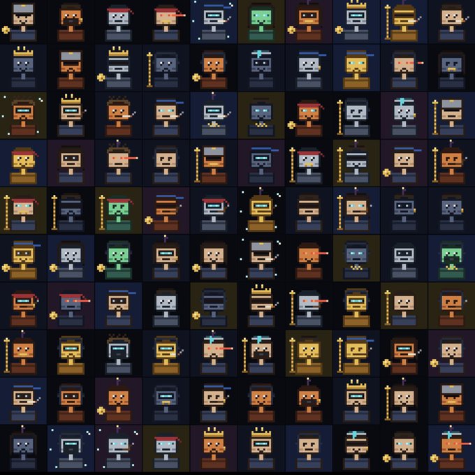 A grid of pixel art character sprites displaying various figures with different hats and accessories in a retro video game style.
