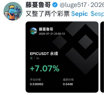 A screenshot of a crypto trading tweet by 藤蔓鲁哥 (@luge517) dated 2026/07/21 showing two tickets, with the visible EPICUSDT perpetual contract displaying a +7.07% gain, opening at 0.536992 and latest price at 0.5448, matching his post about bullish daily chart momentum and getting shaken out of futures despite holding spot.