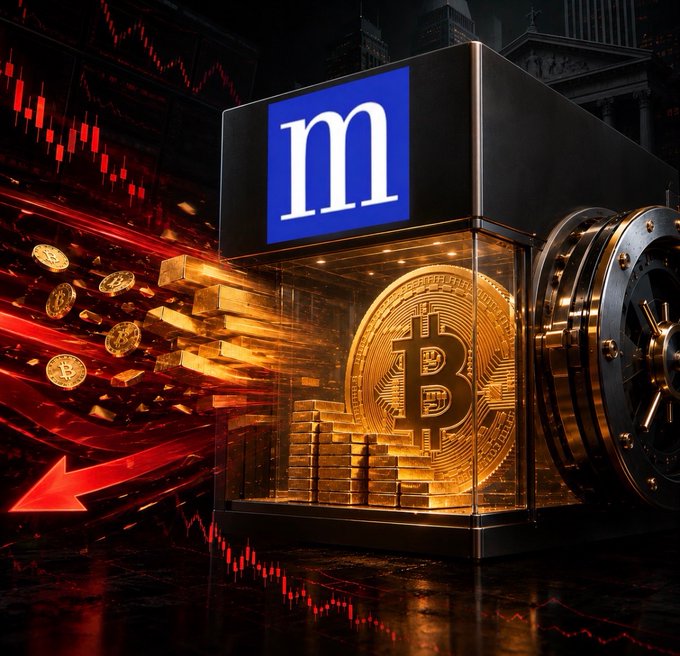 A large glass vault with the letter "m" displays stacks of gold bars and a giant Bitcoin coin, with red downward-pointing arrows and falling chart lines emphasizing a sharp decline—visually reinforcing the news that Millennium Management cut its Bitcoin ETF position by 55% to $450M in Q2.