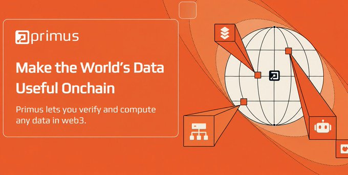 A promotional graphic for "primus" with an orange background, displaying the text "Make the World's Data Useful Onchain" alongside a 3D globe with interconnected tech icons.