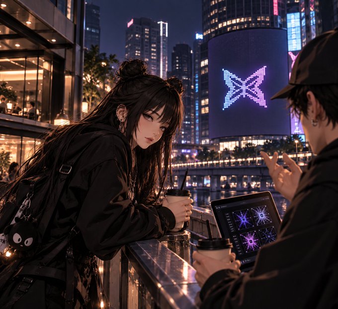 An anime-style digital illustration of a young woman with long dark hair drinking from a cup at a nighttime urban setting, while a person beside her looks at a tablet displaying network diagrams, with an X (formerly Twitter) logo visible on a screen in the background.