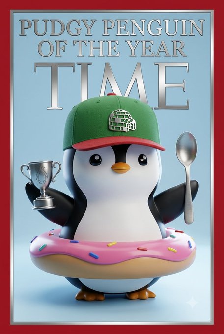 A poster-style image resembling a Time magazine cover titled 'PUDGY PENGUIN OF THE YEAR TIME,' featuring a 3D-rendered penguin in a baseball cap and donut floatie holding a trophy and spoon.