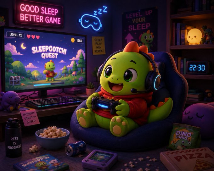 A cheerful green dinosaur character wearing headphones and a red hoodie plays "Sleepgotchi Quest" (Level 12, 1250 coins) on a monitor, surrounded by sleep-themed decor including "GOOD SLEEP BETTER GAME" and "LEVEL UP YOUR SLEEP" signs, a 22:30 clock, and snacks like "DINO CHIPS"—visually capturing the post's message that Sleepagotchi cleverly gamifies sleep as a performance upgrade.