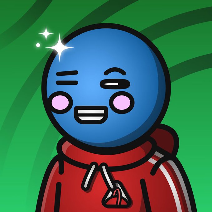 A cartoon-style illustration of a happy blue alien character in a red spacesuit with sparkles near its head against a green background.