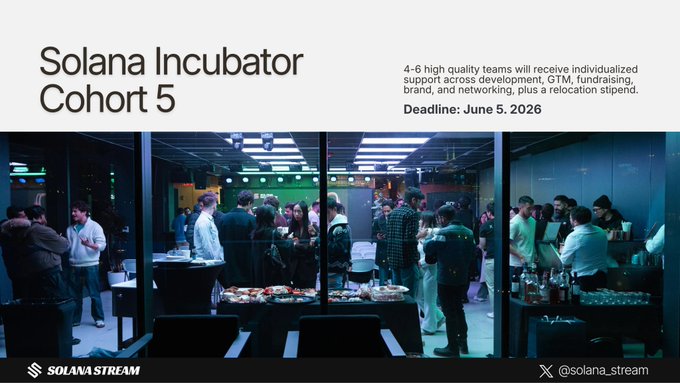 The image shows a group of people gathered around tables with food items such as sandwiches and bottles of wine. The scene appears to be set at an event or gathering, possibly related to Solana Incubator Cohort 5. The text on the poster indicates that this program is open for applications from individuals who are not currently part of the cohort but wish to apply in the future. The deadline for applying is June 5th and the application process includes a relocation stipend of 3 months.