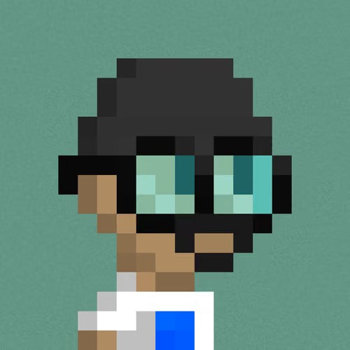 A pixel art style portrait of a character with dark hair, tan skin, and large teal-colored glasses against a green background.