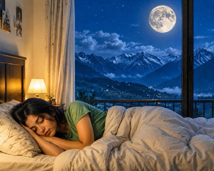 A woman sleeps peacefully in a bed while a large full moon illuminates snow-capped mountains visible through a window behind her.