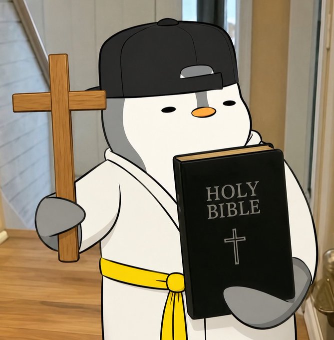 A digitally edited image places a cartoon penguin wearing a backwards black cap onto a person standing in a hallway; the penguin holds a wooden cross and a black 'HOLY BIBLE' book.