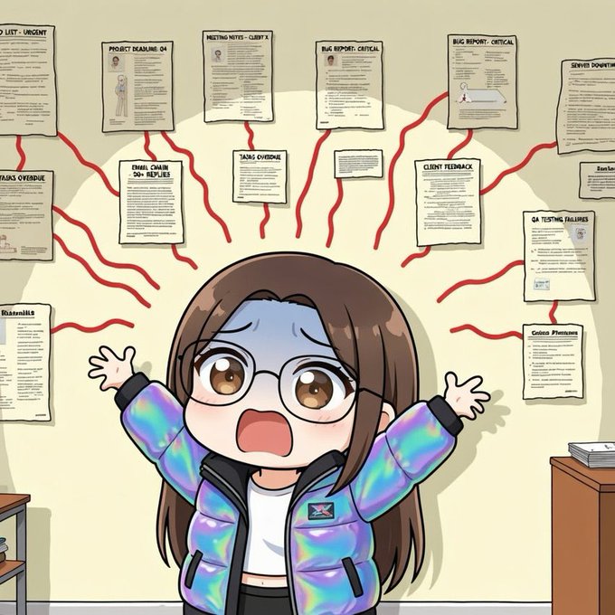 An anime-style illustration of a panicked girl in a holographic jacket surrounded by papers labeled with urgent items like 'PROJECT DEADLINE: 04', 'EMAIL CHAIR', 'TASKS OVERDUE', and 'BUG REPORT: CRITICAL' connected by red squiggly lines.