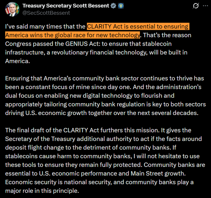 A screenshot of a tweet from Treasury Secretary Scott Bessent (@SecScottBessent) emphasizing that the "CLARITY Act is essential to ensuring America wins the global race for new technology," supporting stablecoin infrastructure development through the GENIUS Act while pledging to protect community banks from deposit flight risks using new Treasury authorities.