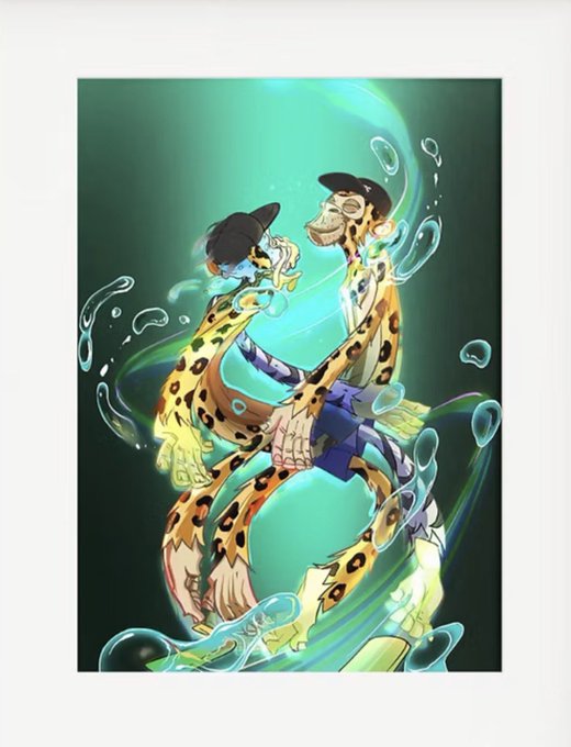 A stylized anime-style illustration of two characters with leopard-print outfits embracing, surrounded by swirling green water effects.