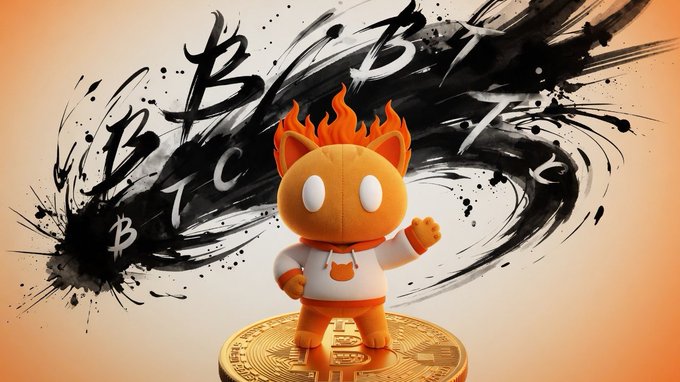 A 3D-rendered orange cat figurine with a fiery mane stands on top of a golden Bitcoin. Black ink splatters surround it, forming the letters 'B', 'C', and 'I'.