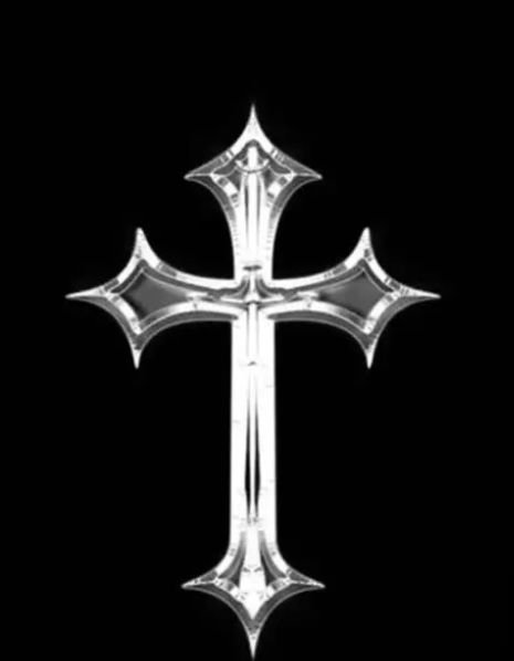 A silver ornate cross with pointed decorative ends displayed against a black background.