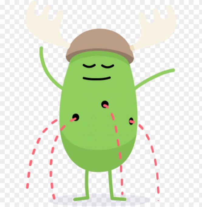 A cartoon green character with antlers and a brown hat stands peacefully with its eyes closed, smiling while three streams of pink dashed liquid pour from holes in its body.
